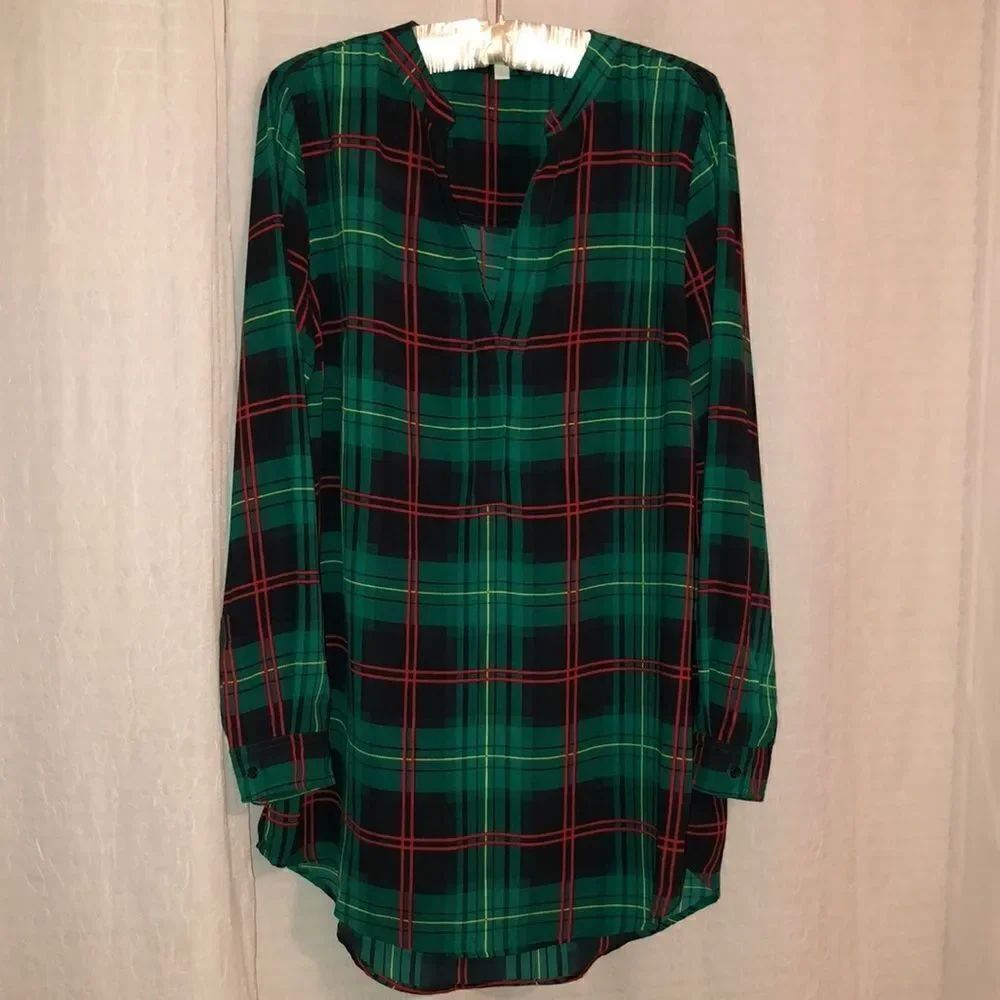Gianni Bini L High Low Green Black Red Yellow Plaid Top Large